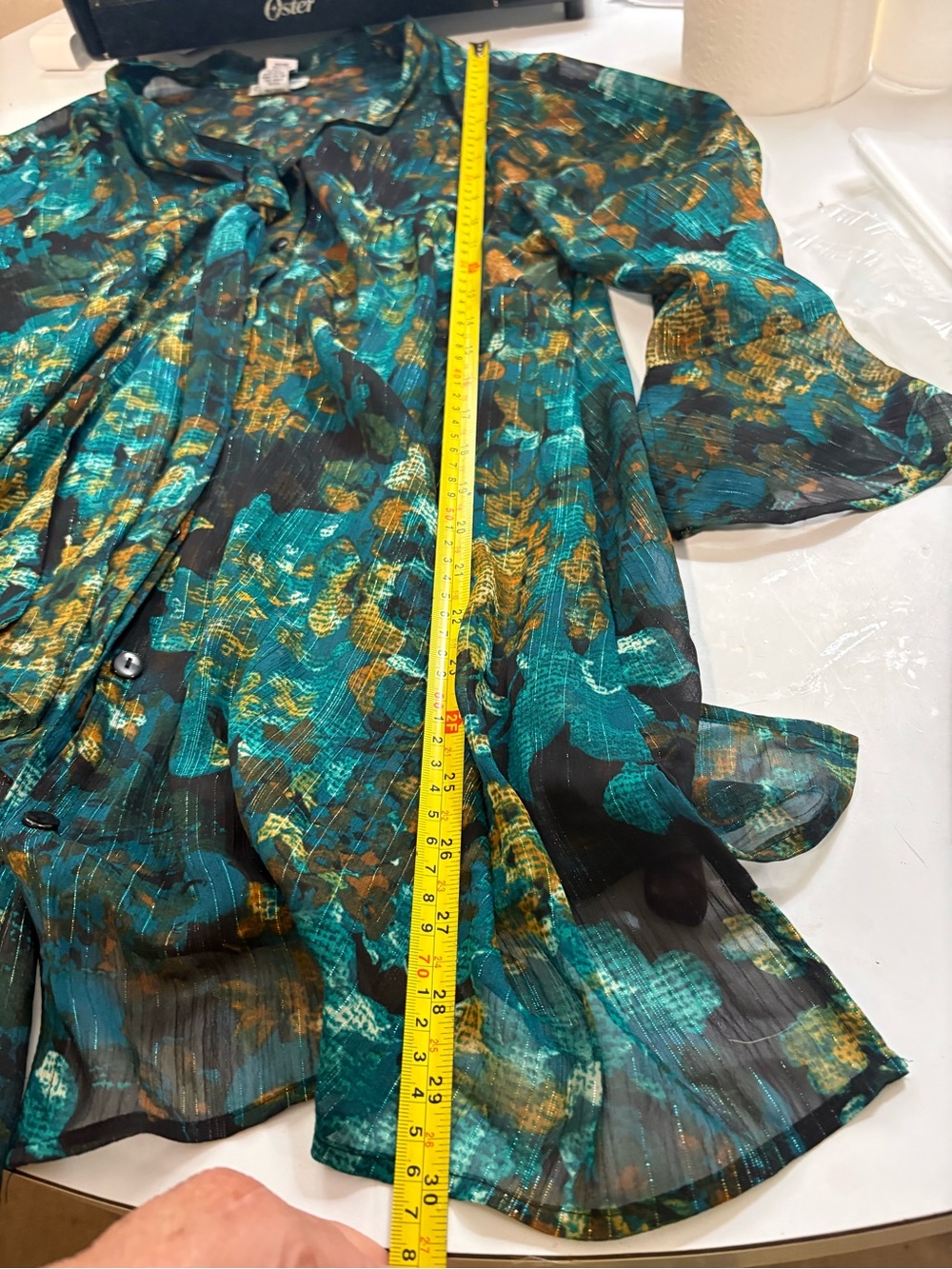 Sheer Teal & Gold Floral Tie-Neck Blouse-with Glimmering Silver Threading! - Picture 14 of 16